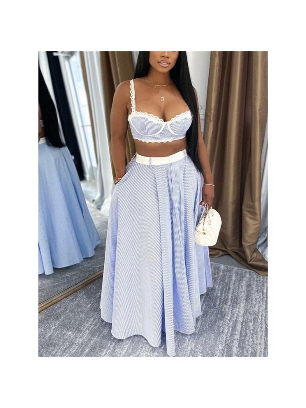 Striped Lace Trim Cami and Skirt Two-Piece Set